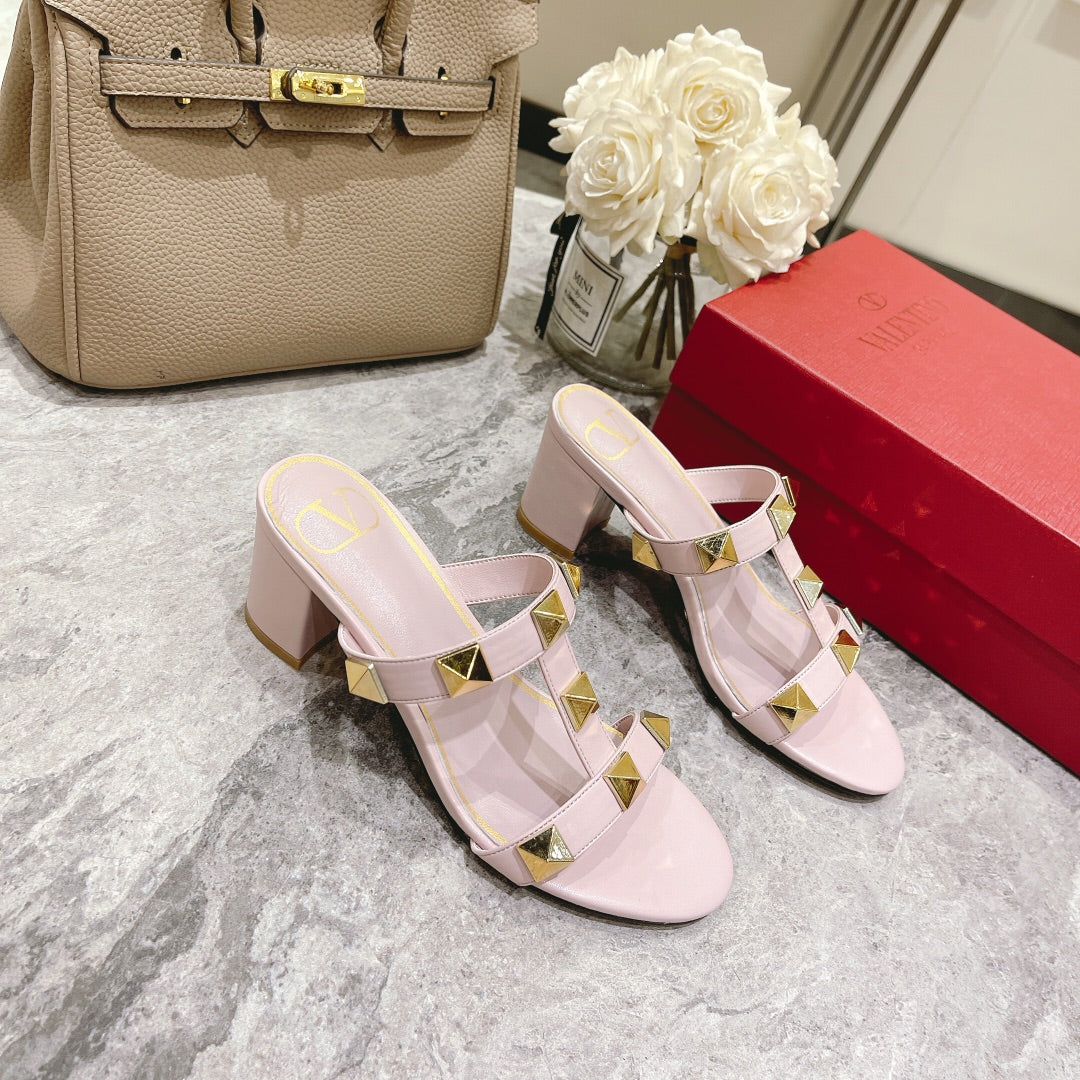 ROMAN STUD PASTEL PINK CALFSKIN SLIDE SANDAL 60 MM - 34