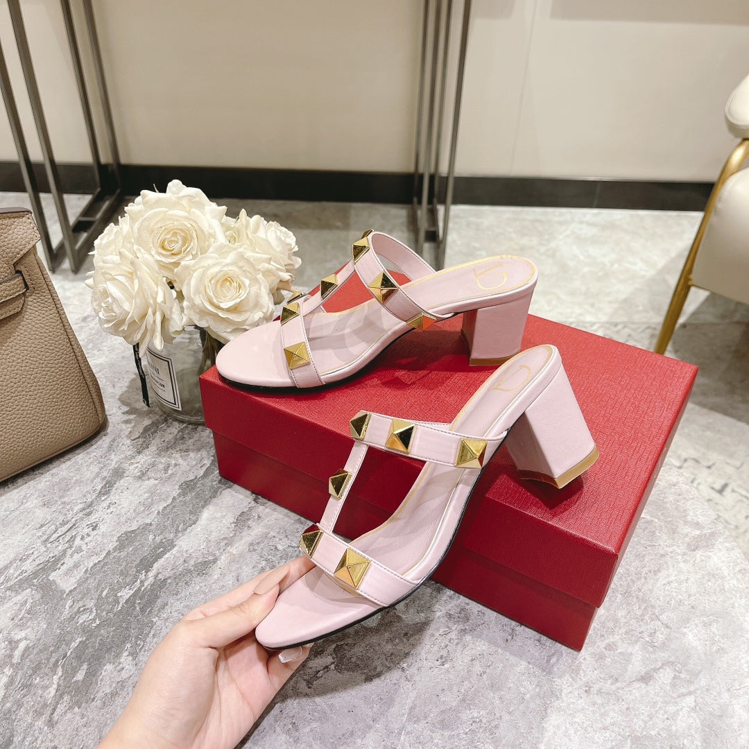 ROMAN STUD PASTEL PINK CALFSKIN SLIDE SANDAL 60 MM - 34