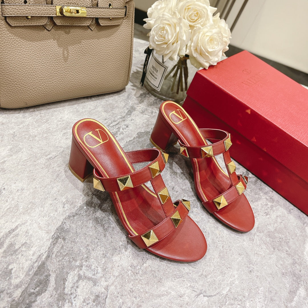 ROMAN STUD CHERRY RED CALFSKIN SLIDE SANDAL 60 MM - 34
