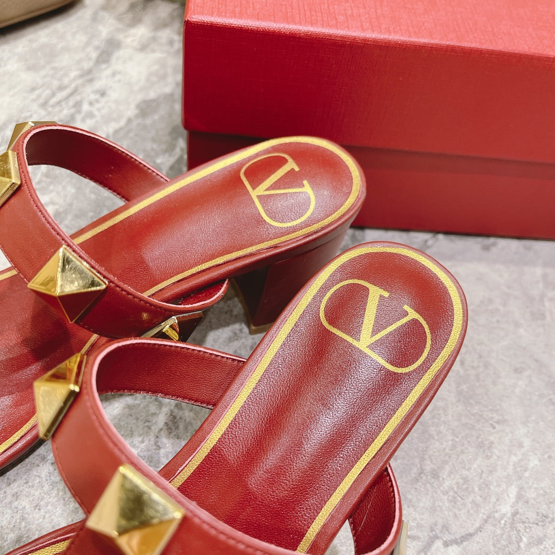 ROMAN STUD CHERRY RED CALFSKIN SLIDE SANDAL 60 MM - 34