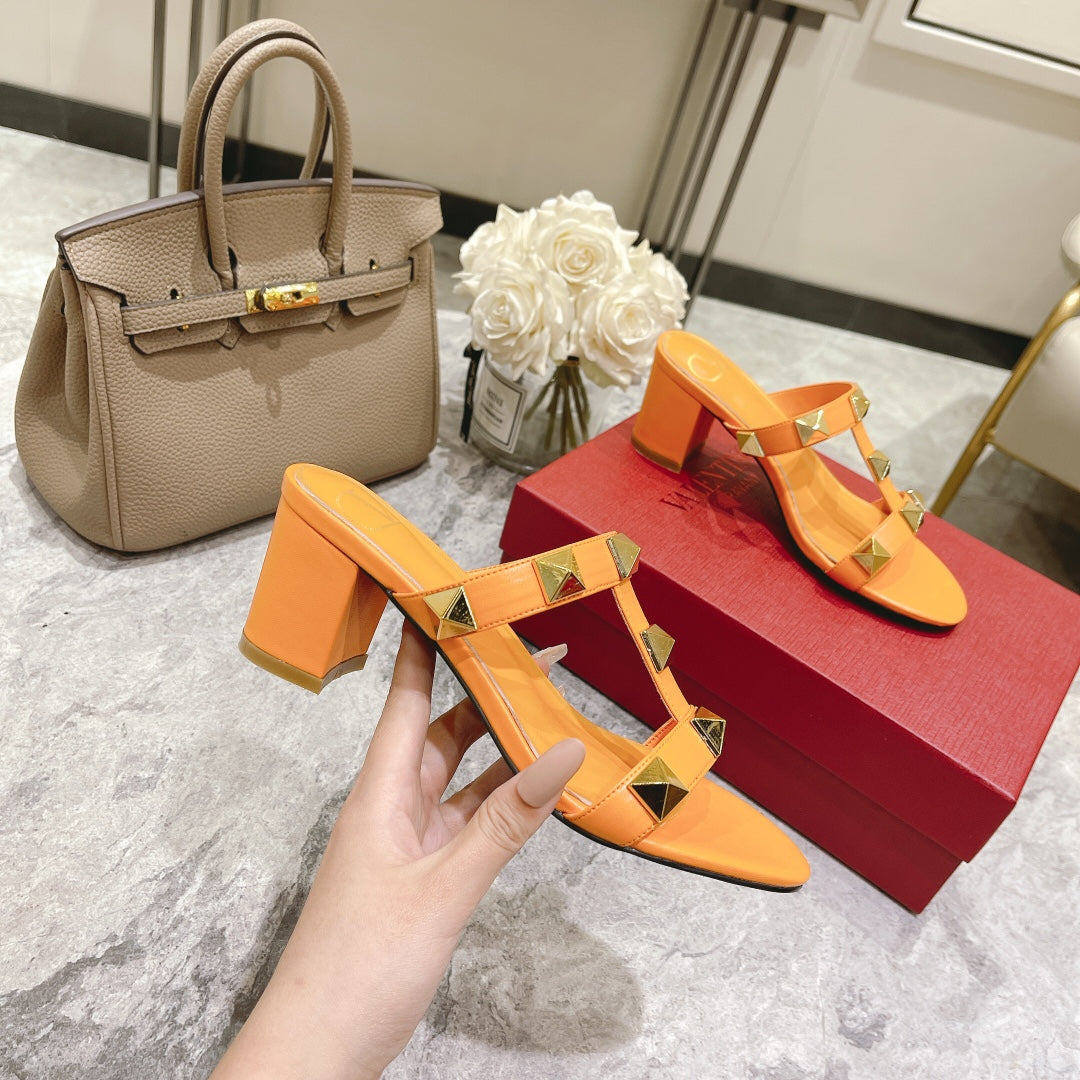 ROMAN STUD MANGO ORANGE CALFSKIN SLIDE SANDAL 60 MM - 34