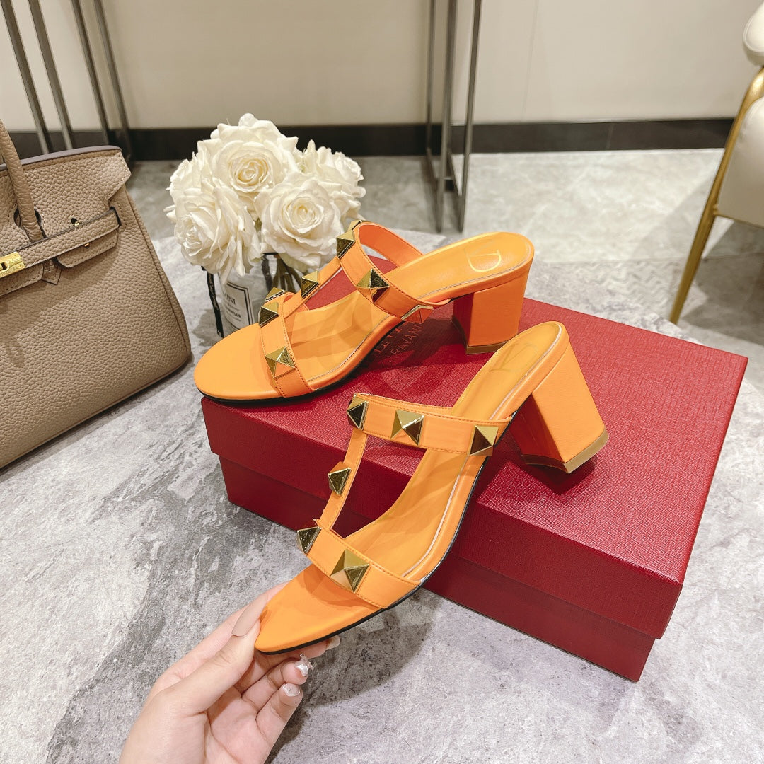 ROMAN STUD MANGO ORANGE CALFSKIN SLIDE SANDAL 60 MM - 34