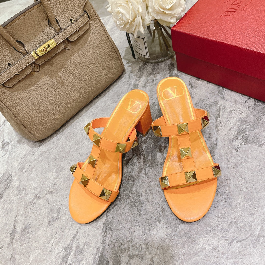 ROMAN STUD MANGO ORANGE CALFSKIN SLIDE SANDAL 60 MM - 34