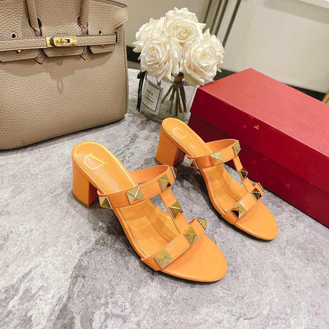 ROMAN STUD MANGO ORANGE CALFSKIN SLIDE SANDAL 60 MM - 34