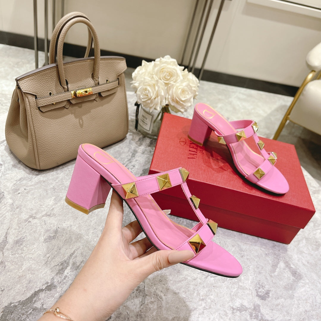 ROMAN STUD BRIGHT PINK CALFSKIN SLIDE SANDAL 60 MM - 34