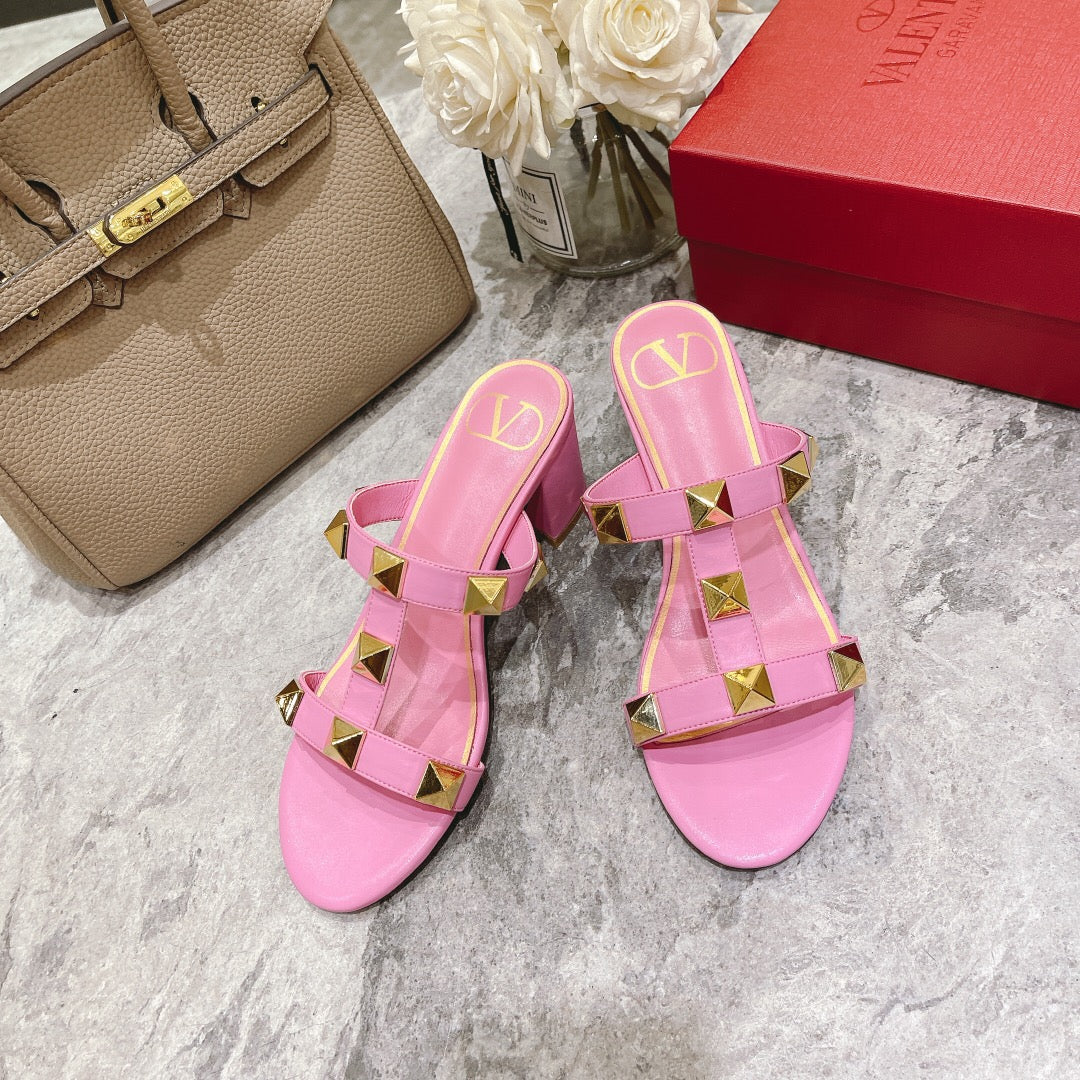 ROMAN STUD BRIGHT PINK CALFSKIN SLIDE SANDAL 60 MM - 34