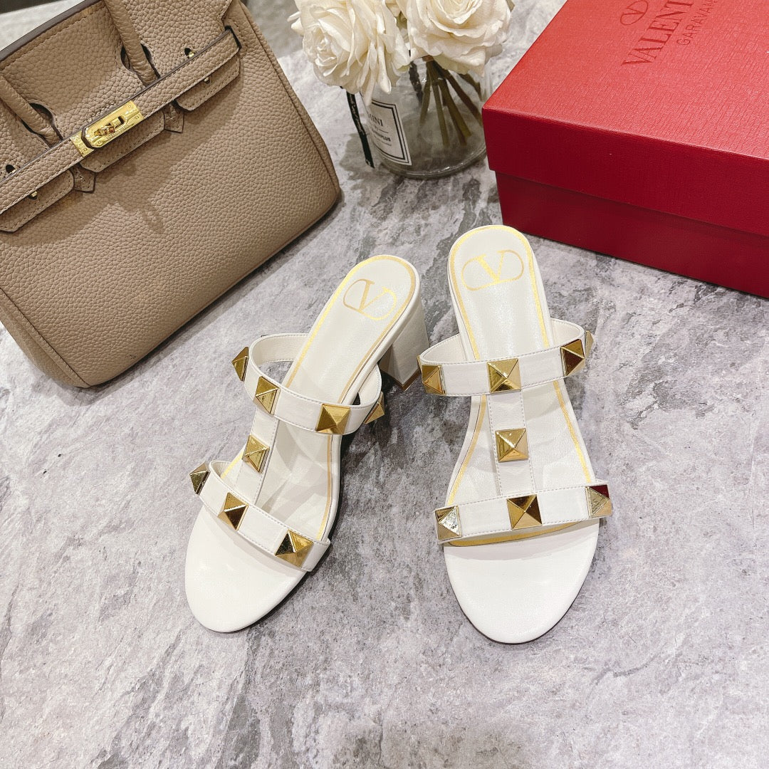 ROMAN STUD WHITE CALFSKIN SLIDE SANDAL 60 MM - 34