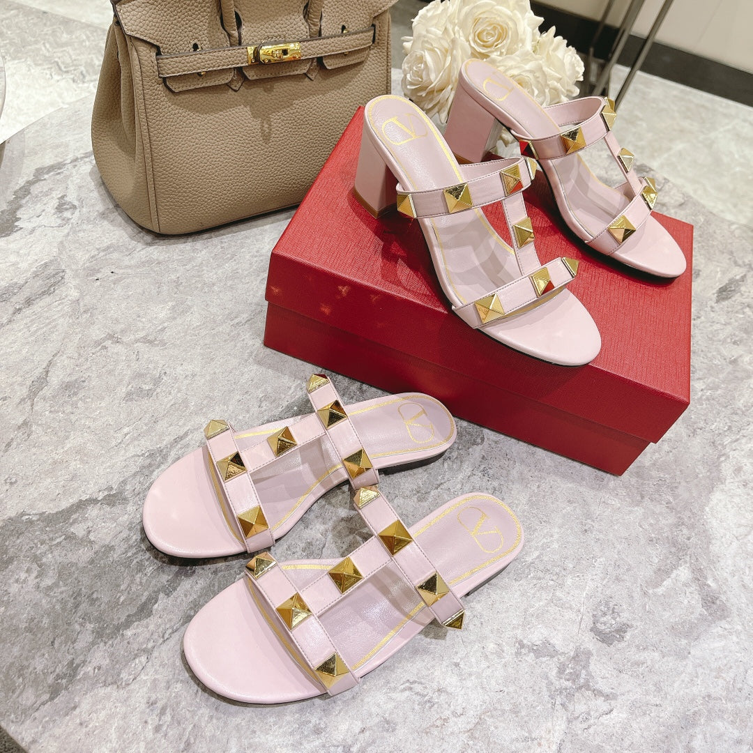ROMAN STUD LIGHT PINK CALFSKIN FLAT SLIDE SANDAL 25 MM - 34