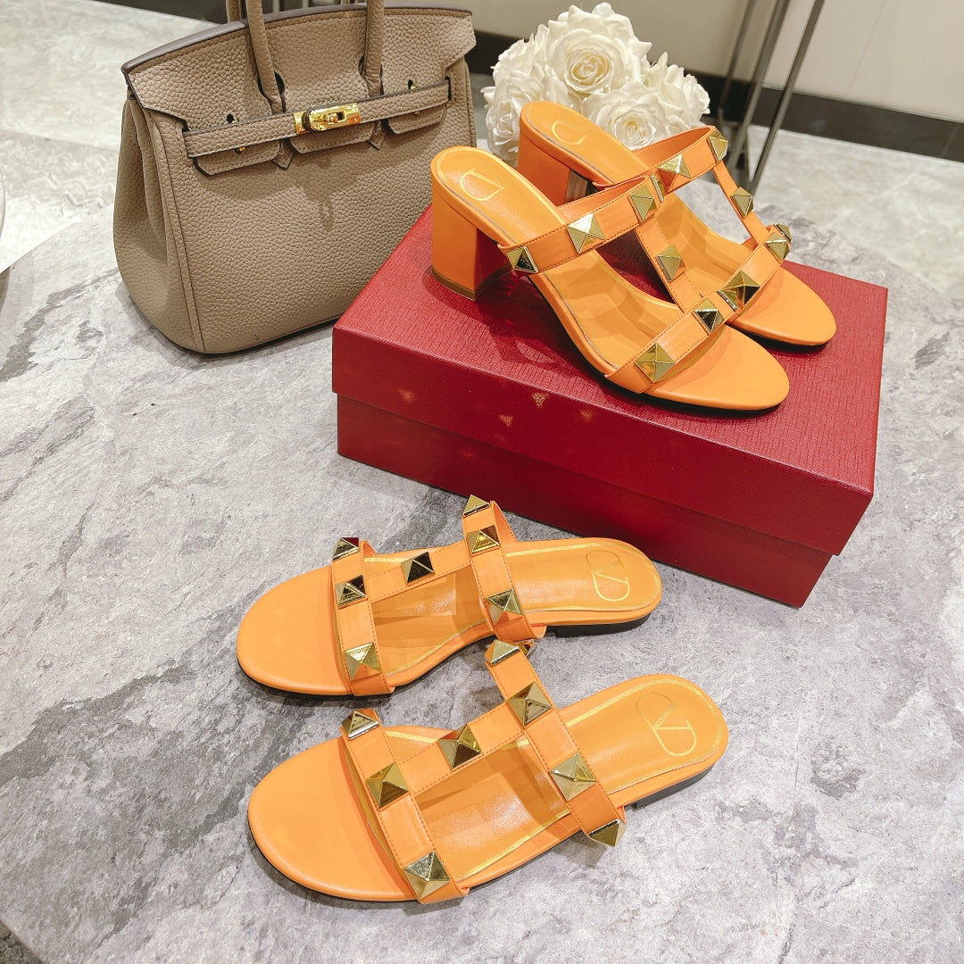 ROMAN STUD MANGO ORANGE CALFSKIN SLIDE SANDAL 60 MM - 34