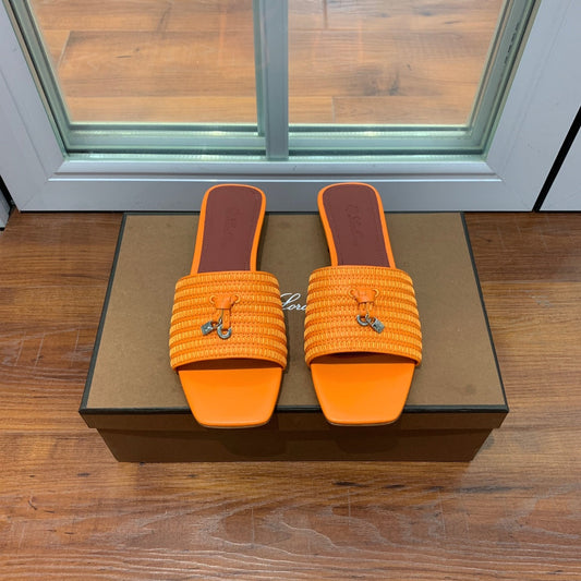 LP RAFFIA CHARMS FLATS SANDAL ORANGE CALFSKIN - 35