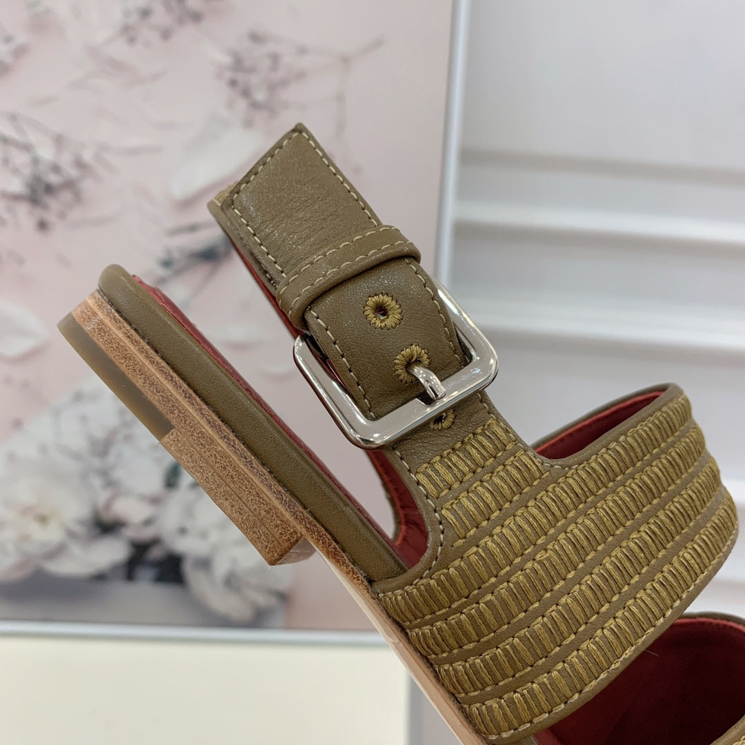 LP RAFFIA CHARMS STRAP FLATS SANDAL OLIVE CALFSKIN - 35