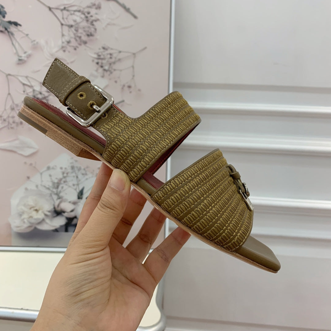 LP RAFFIA CHARMS STRAP FLATS SANDAL OLIVE CALFSKIN - 35