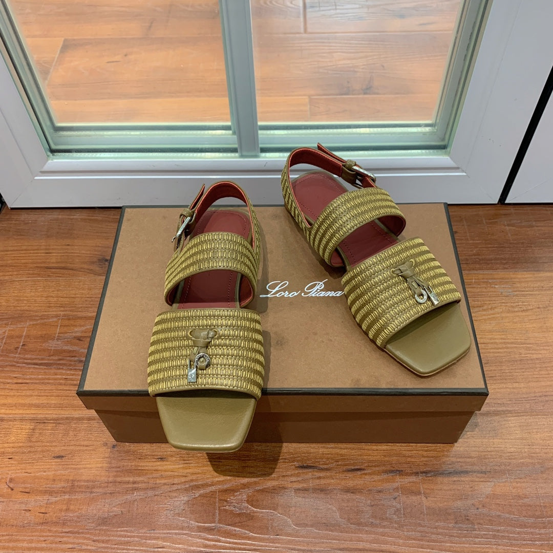 LP RAFFIA CHARMS STRAP FLATS SANDAL OLIVE CALFSKIN - 35
