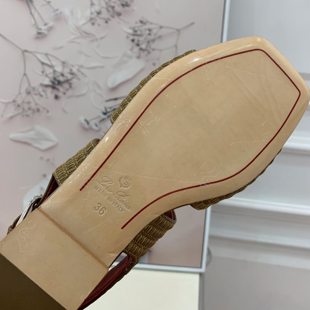 LP RAFFIA CHARMS STRAP FLATS SANDAL OLIVE CALFSKIN - 35