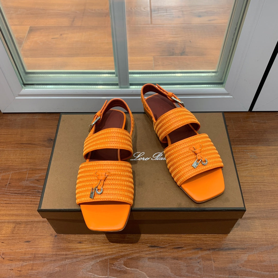 LP RAFFIA CHARMS STRAP FLATS SANDAL ORANGE CALFSKIN - 35