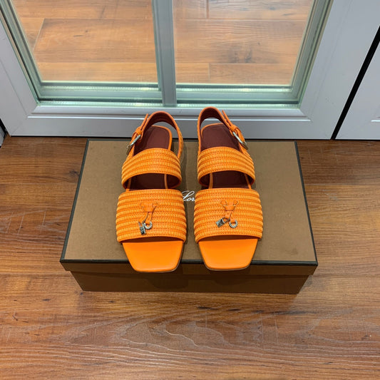 LP RAFFIA CHARMS STRAP FLATS SANDAL ORANGE CALFSKIN - 35