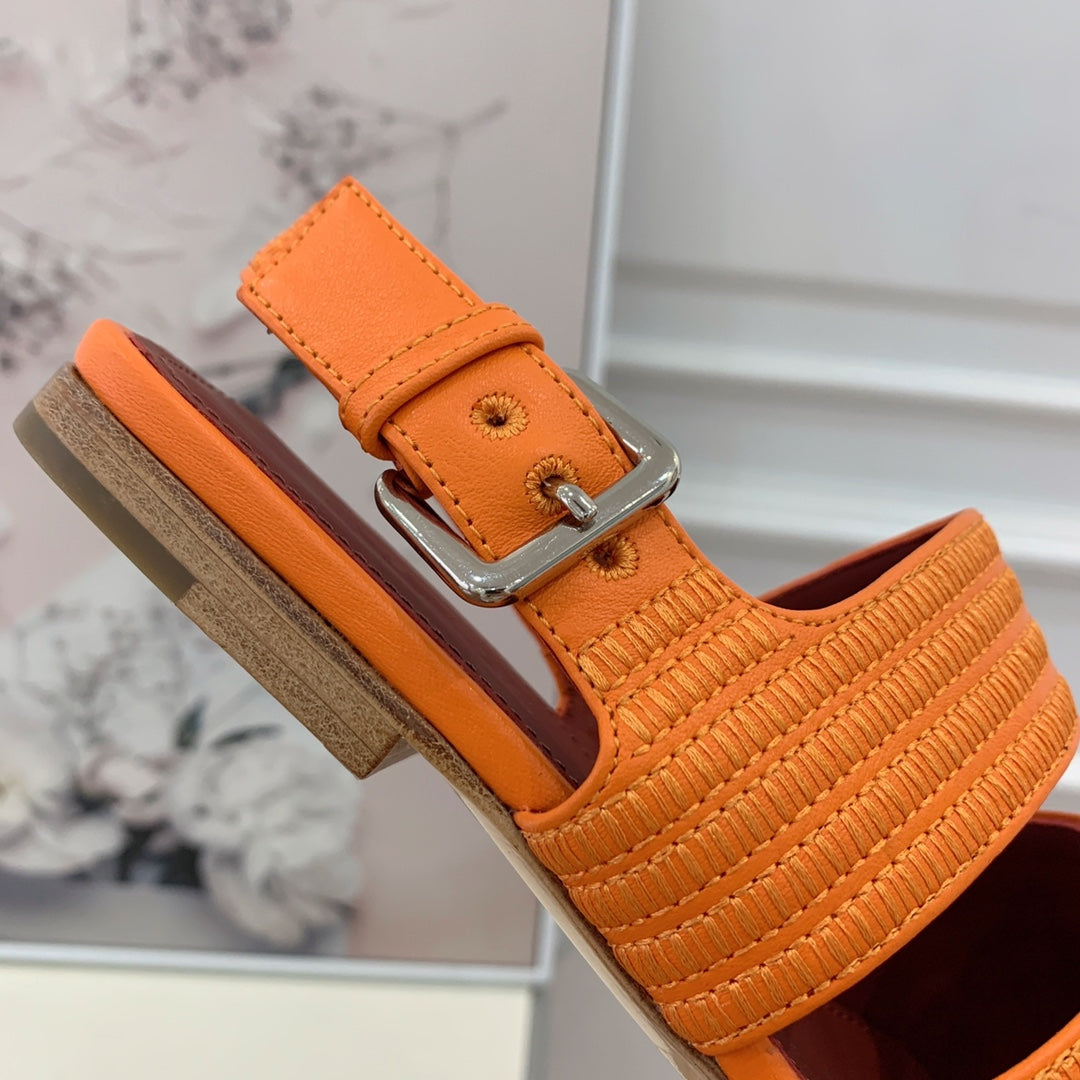 LP RAFFIA CHARMS STRAP FLATS SANDAL ORANGE CALFSKIN - 35