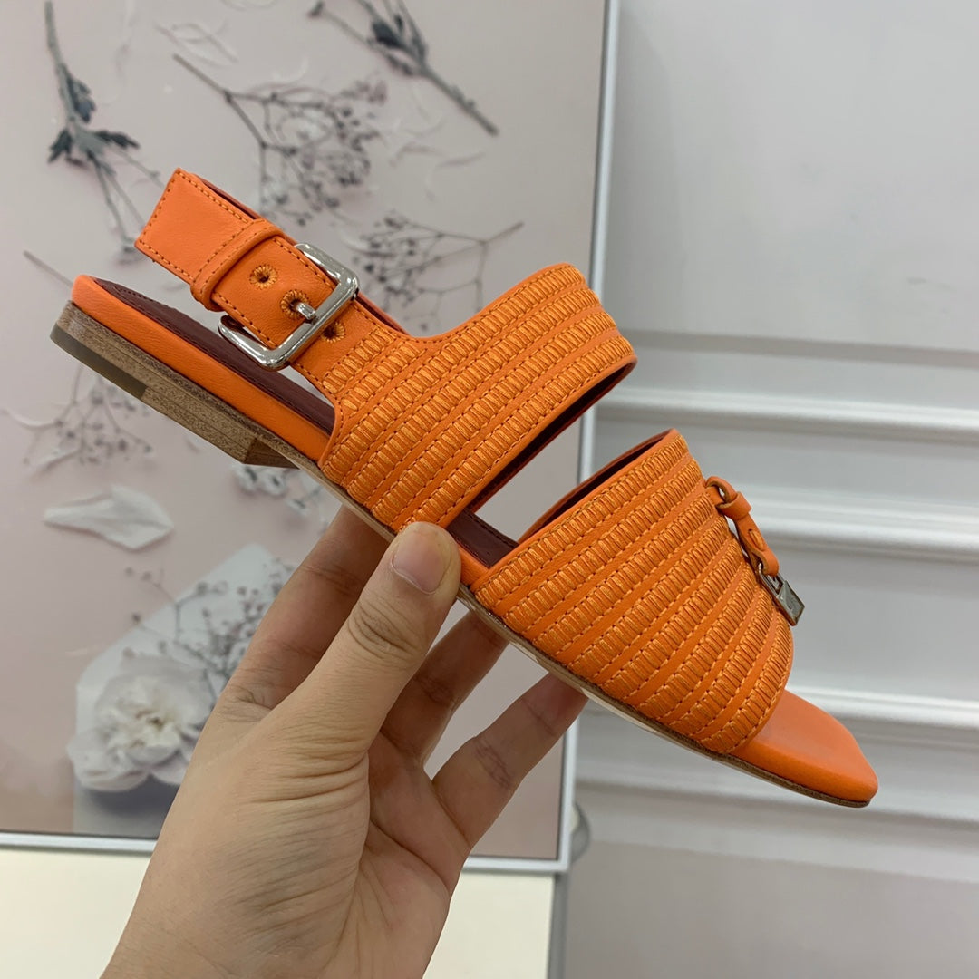 LP RAFFIA CHARMS STRAP FLATS SANDAL ORANGE CALFSKIN - 35