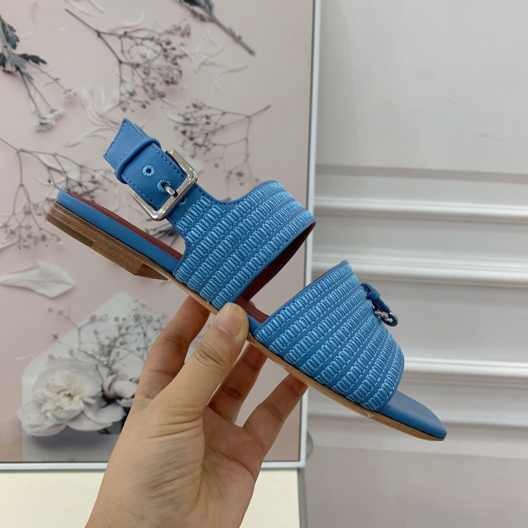 LP RAFFIA CHARMS STRAP FLATS SANDAL SKY CALFSKIN - 35