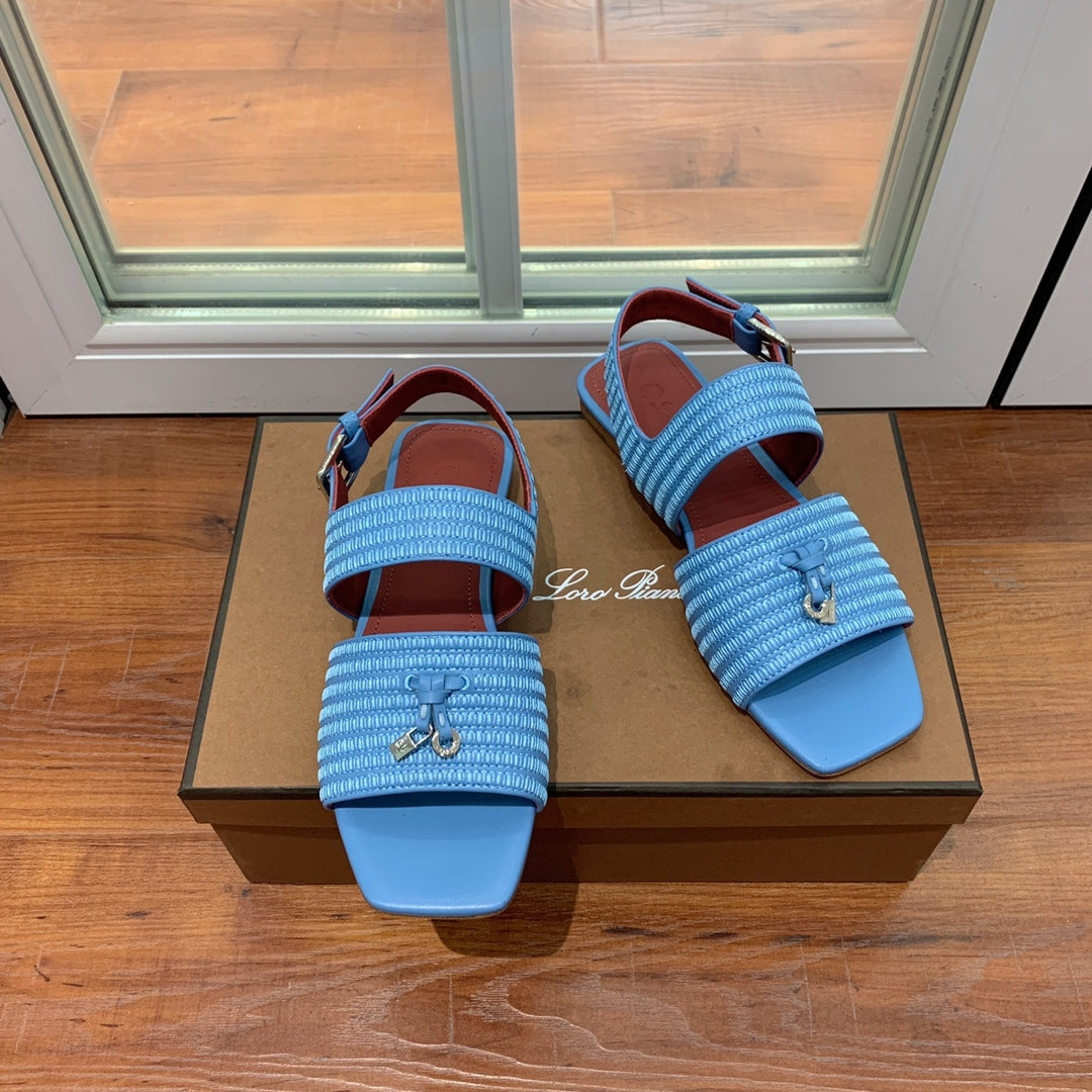 LP RAFFIA CHARMS STRAP FLATS SANDAL SKY CALFSKIN - 35