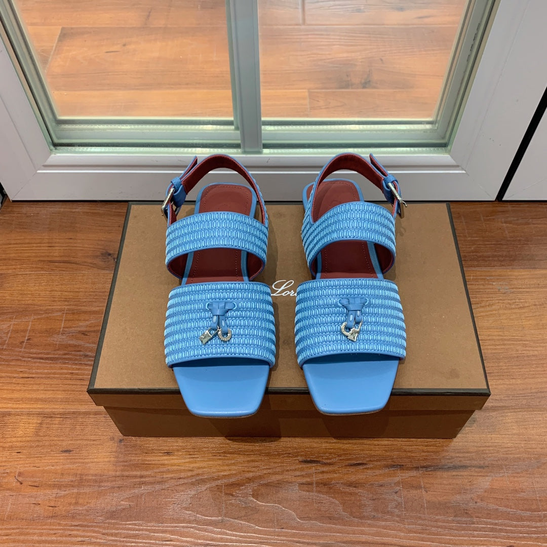 LP RAFFIA CHARMS STRAP FLATS SANDAL SKY CALFSKIN - 35