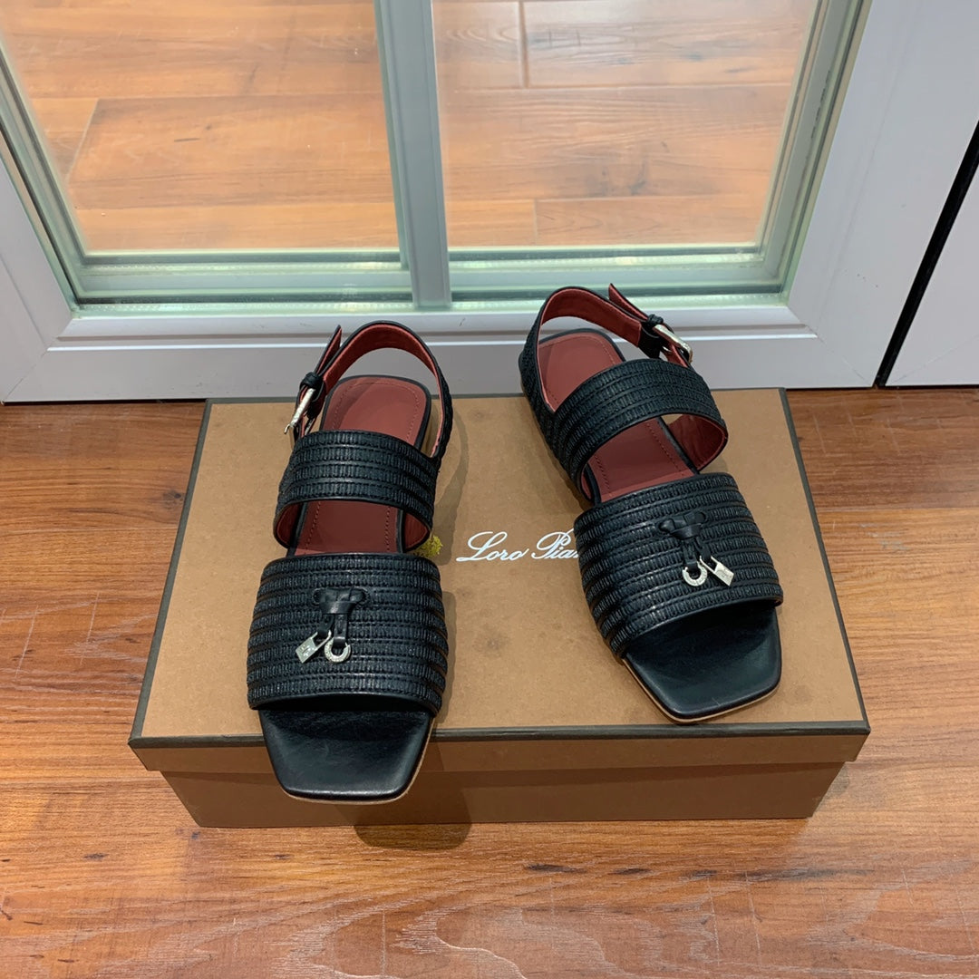 LP RAFFIA CHARMS STRAP FLATS SANDAL BLACK CALFSKIN - 35