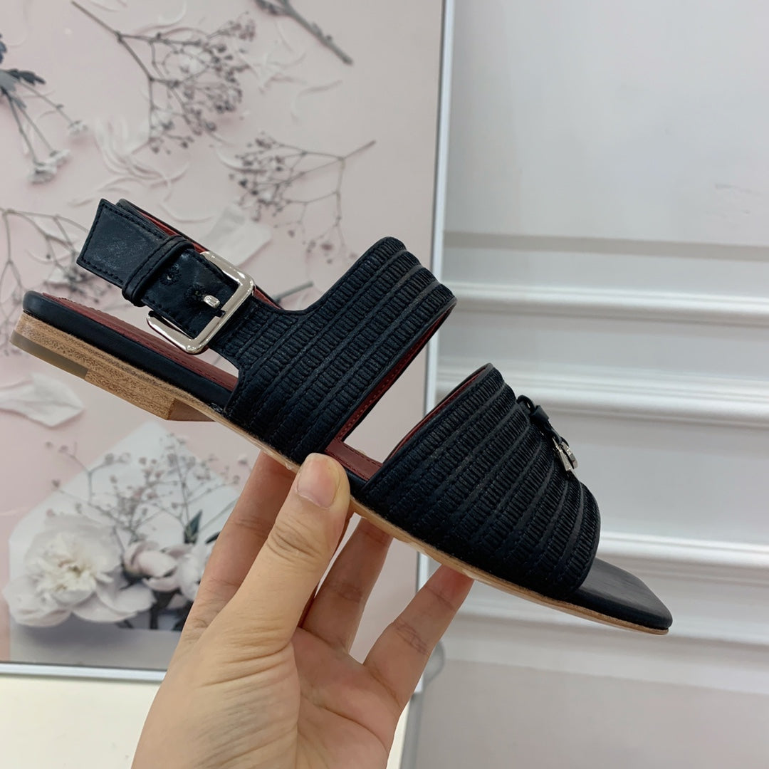 LP RAFFIA CHARMS STRAP FLATS SANDAL BLACK CALFSKIN - 35