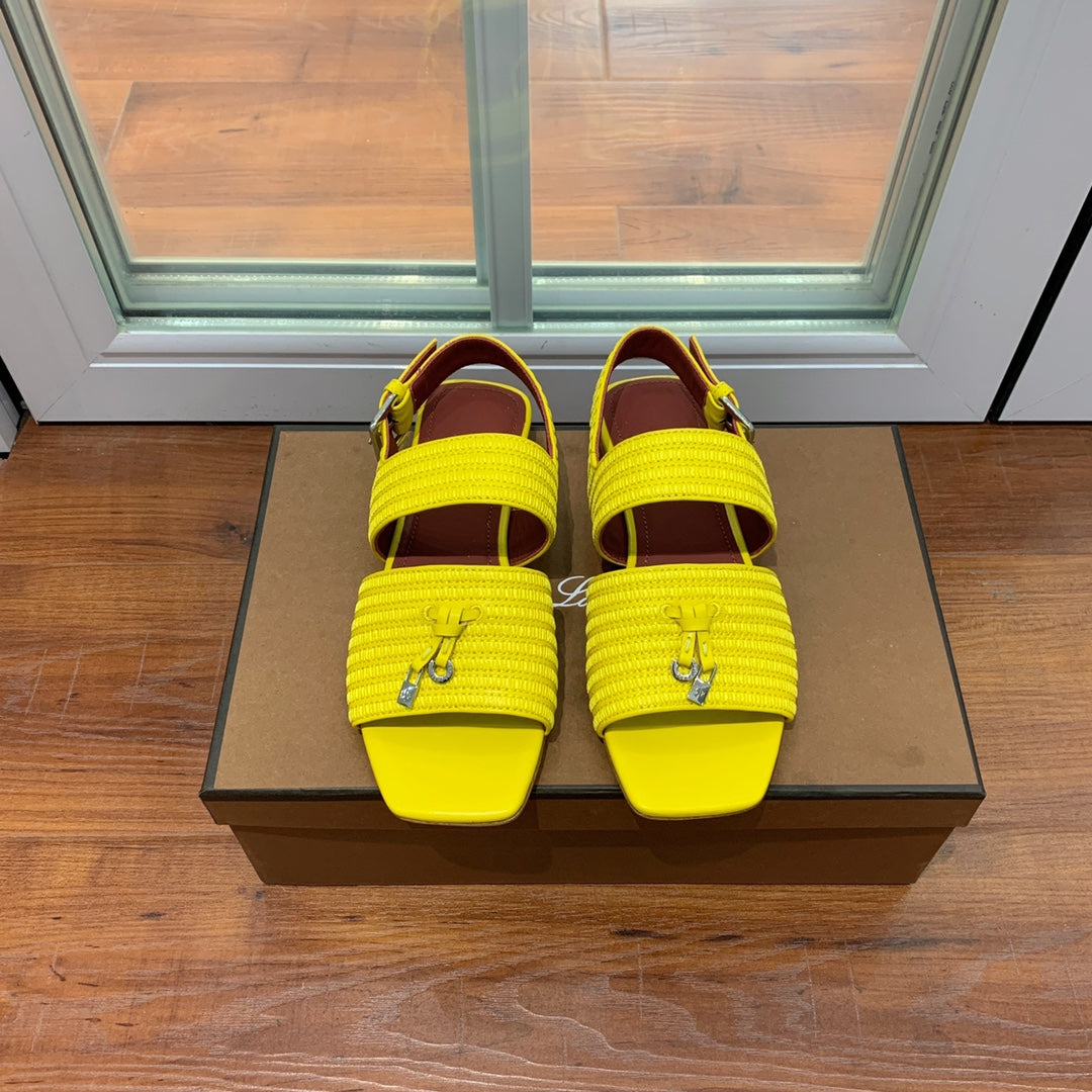 LP RAFFIA CHARMS STRAP FLATS SANDAL LEMON CALFSKIN - 35