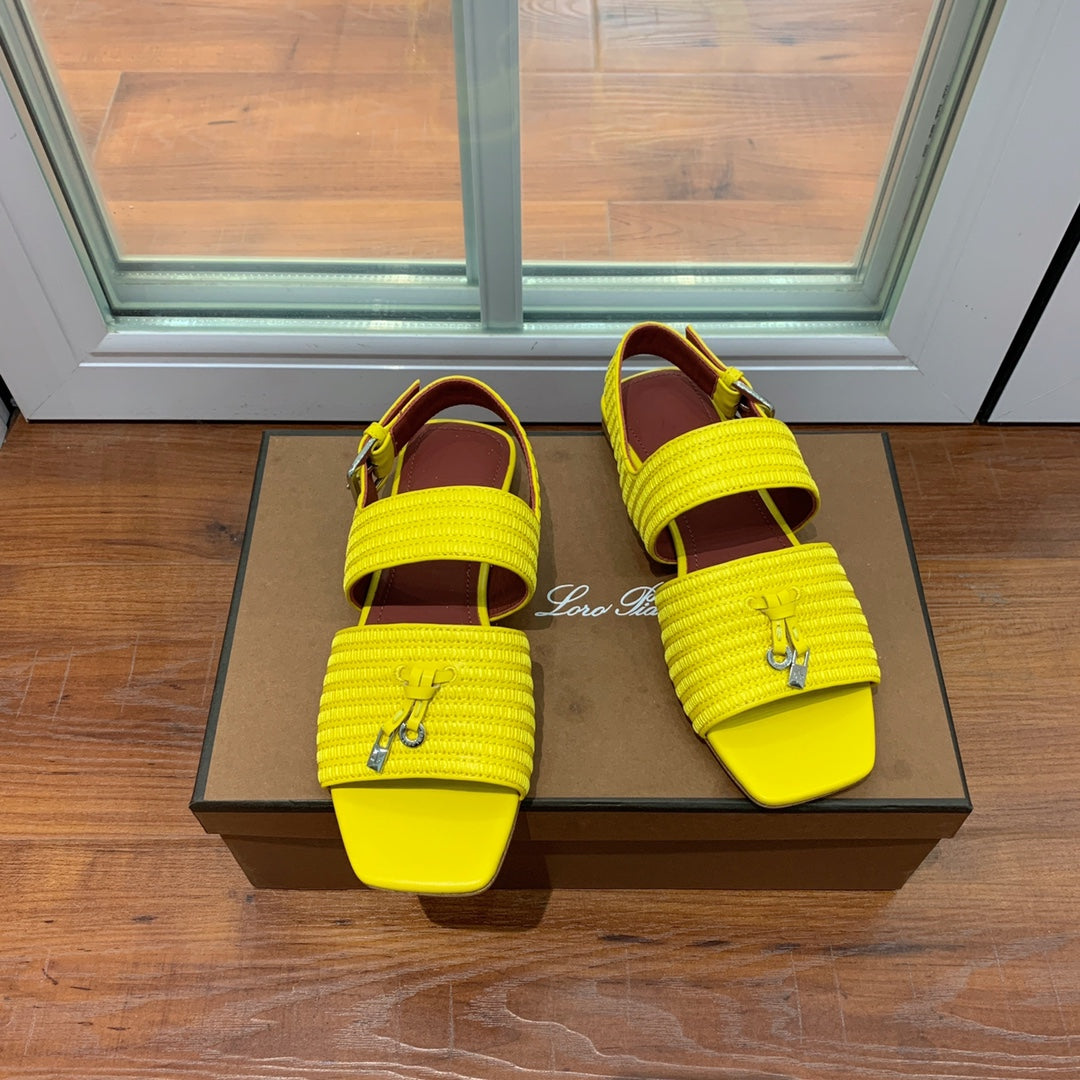 LP RAFFIA CHARMS STRAP FLATS SANDAL LEMON CALFSKIN - 35