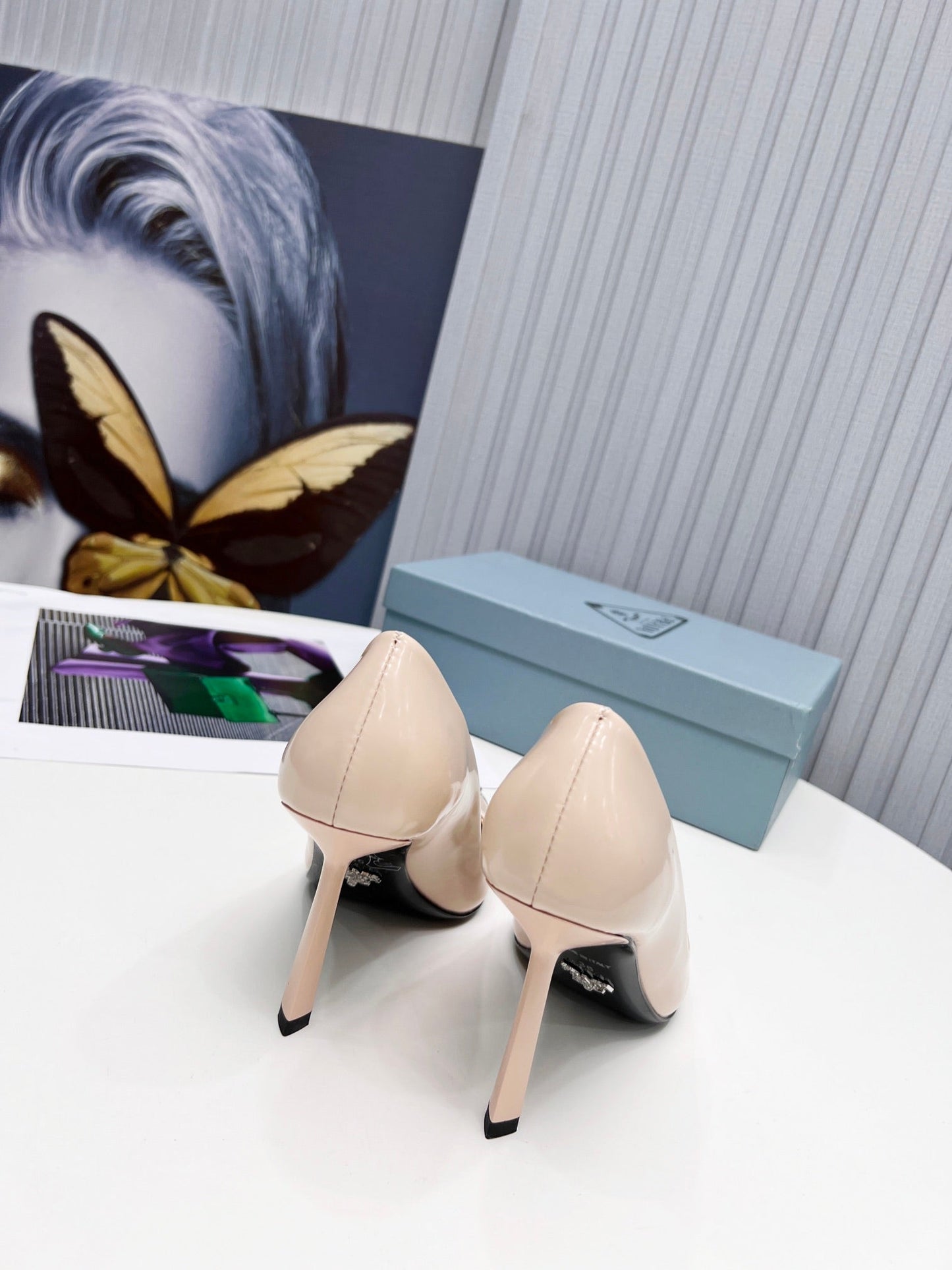 PRADA 26S PUMPS STILETTO HEEL 95MM IN NUDE BEIGE METAL TIP CALFSKIN