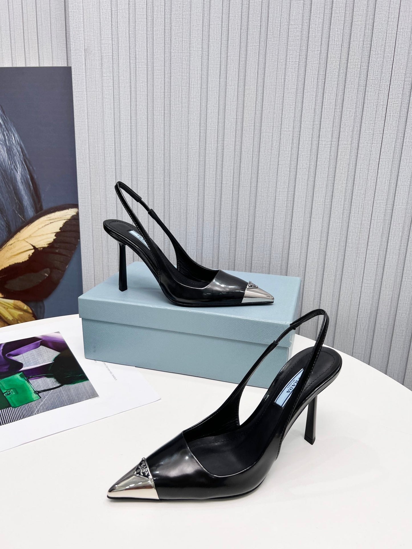 PRADA 26S СЛІНГБЕКИ НА ПІДБОРАХ 95 ММ ЧОРНОГО КОЛЬОРУ З ТЕЛЯЧОЇ ШКІРИ З МЕТАЛЕВИМ НОСКОМ