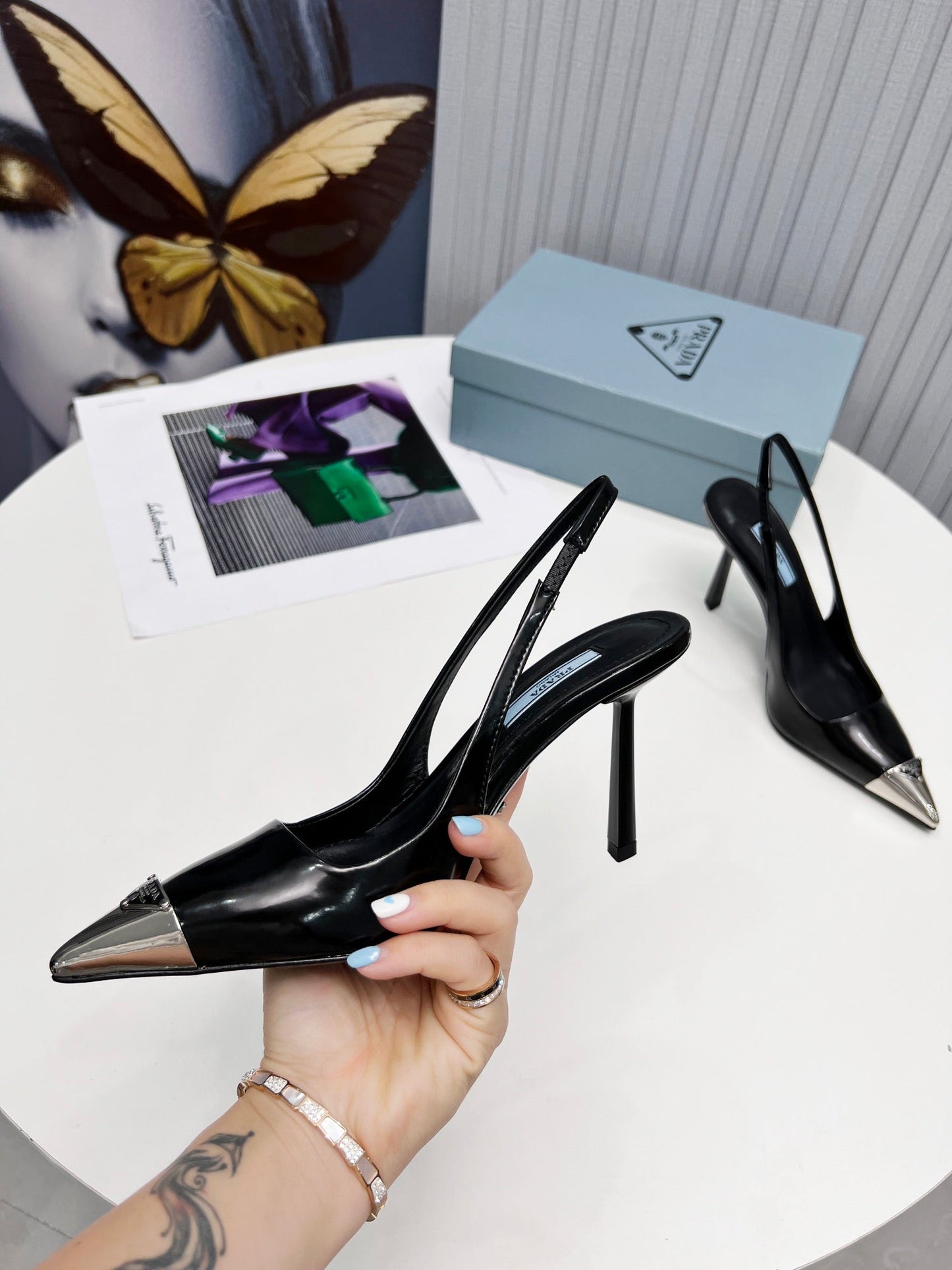 PRADA 26S СЛІНГБЕКИ НА ПІДБОРАХ 95 ММ ЧОРНОГО КОЛЬОРУ З ТЕЛЯЧОЇ ШКІРИ З МЕТАЛЕВИМ НОСКОМ