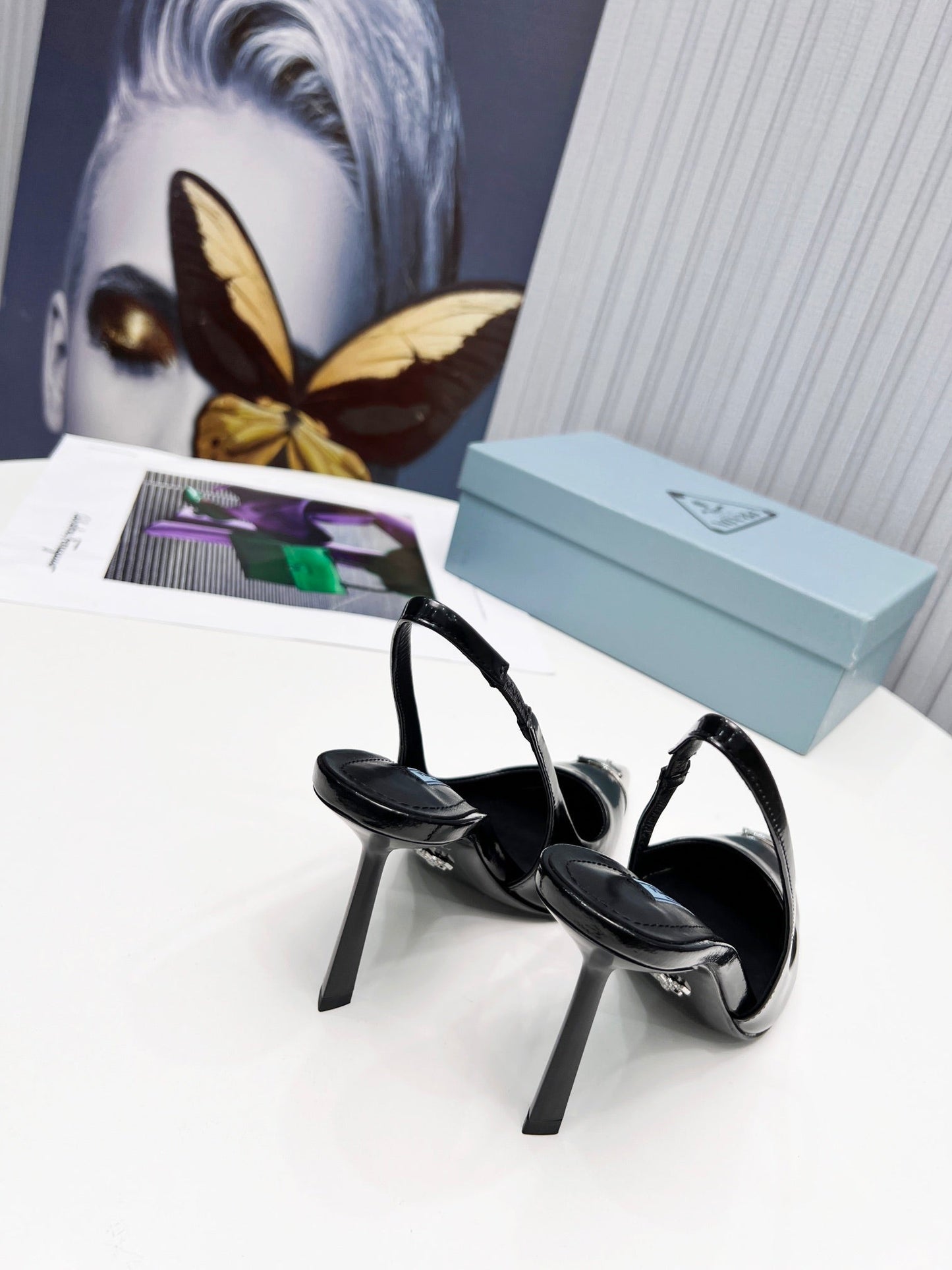 PRADA 26S СЛІНГБЕКИ НА ПІДБОРАХ 95 ММ ЧОРНОГО КОЛЬОРУ З ТЕЛЯЧОЇ ШКІРИ З МЕТАЛЕВИМ НОСКОМ