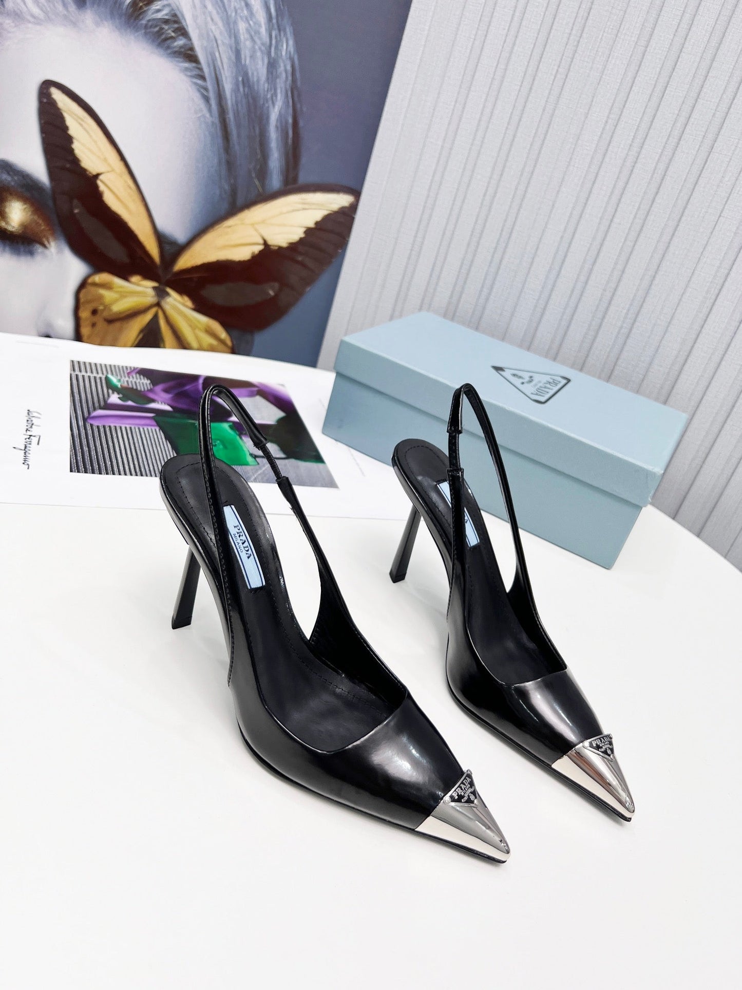 PRADA 26S СЛІНГБЕКИ НА ПІДБОРАХ 95 ММ ЧОРНОГО КОЛЬОРУ З ТЕЛЯЧОЇ ШКІРИ З МЕТАЛЕВИМ НОСКОМ