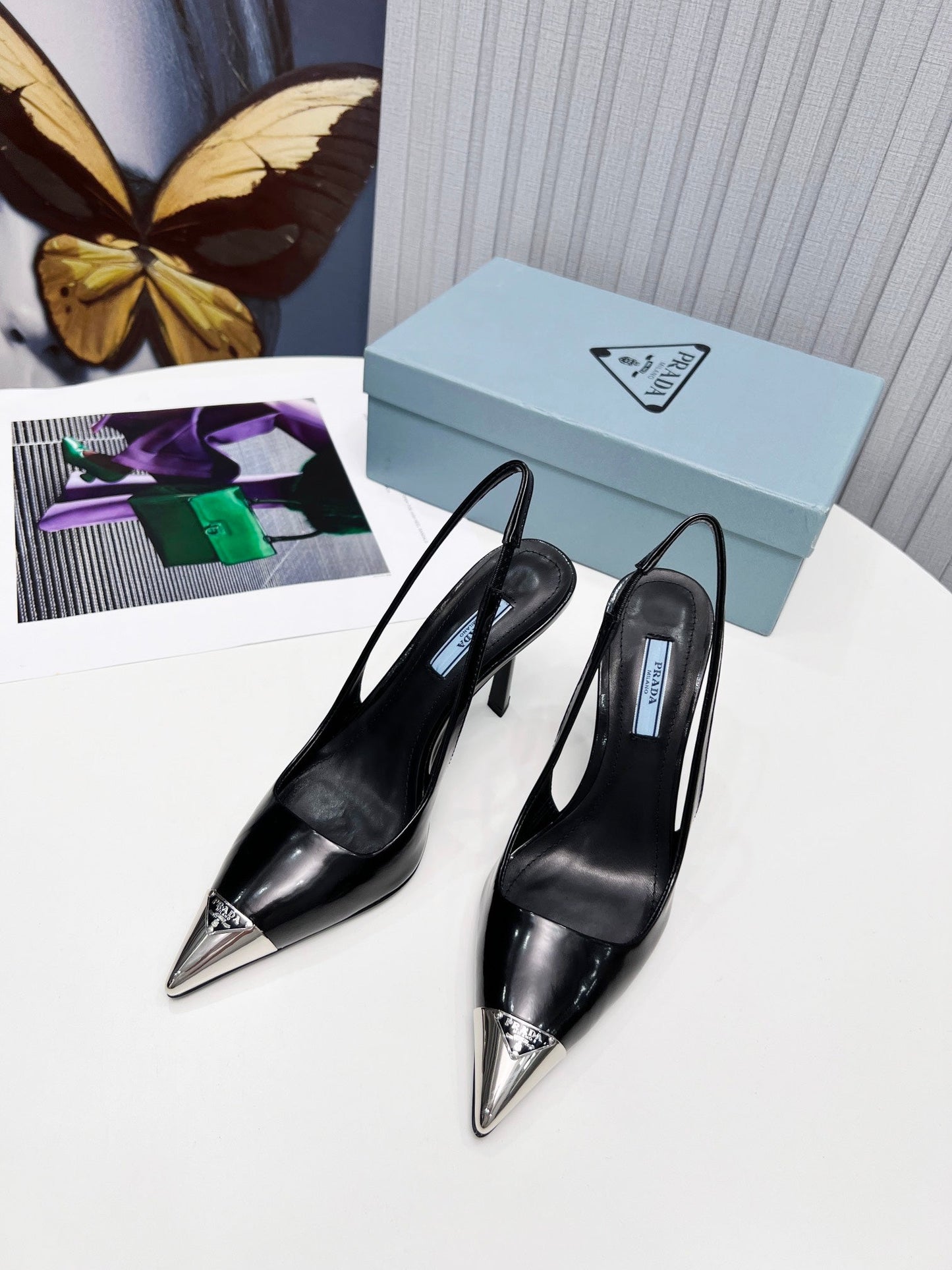 PRADA 26S СЛІНГБЕКИ НА ПІДБОРАХ 95 ММ ЧОРНОГО КОЛЬОРУ З ТЕЛЯЧОЇ ШКІРИ З МЕТАЛЕВИМ НОСКОМ