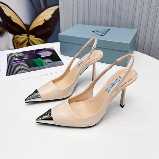 БОСОНІЖКИ PRADA 26S SLINGBACK НА ПІДБОРАХ 95 ММ, НЮДОВІ БЕЖЕВІ, ТЕЛЯЧА ШКІРА З МЕТАЛЕВИМ НОСКОМ