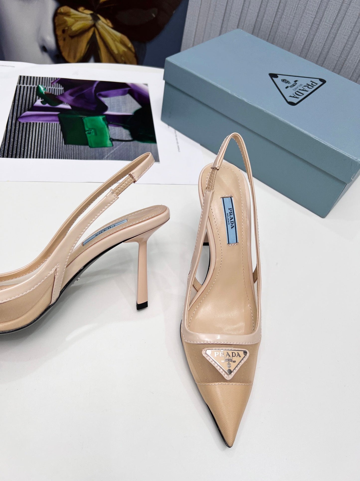 Туфлі-слінгбеки PRADA 26S, на шпильці 95 мм, тілесно-бежеві, з сітки, з логотипом