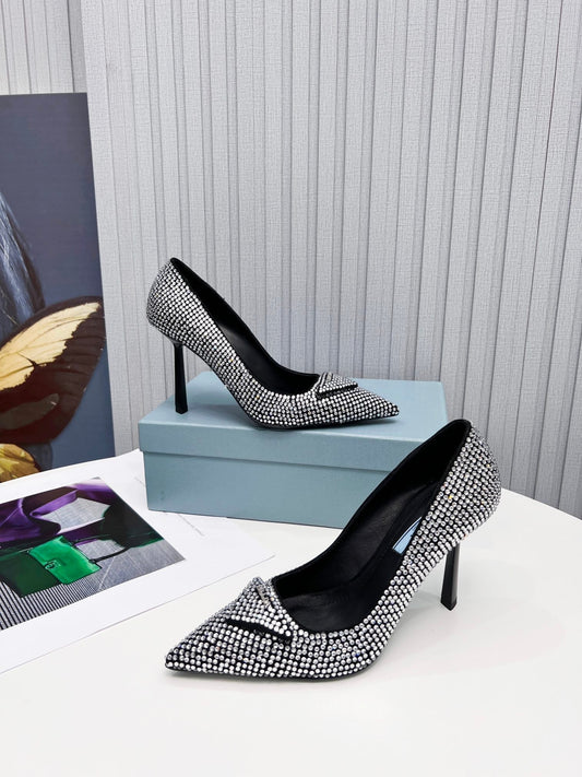 PRADA 26S POINTED TOE PUMPS STILETTO HEEL 95MM IN CRYSTAL EMBELLISHED STYLE 1
