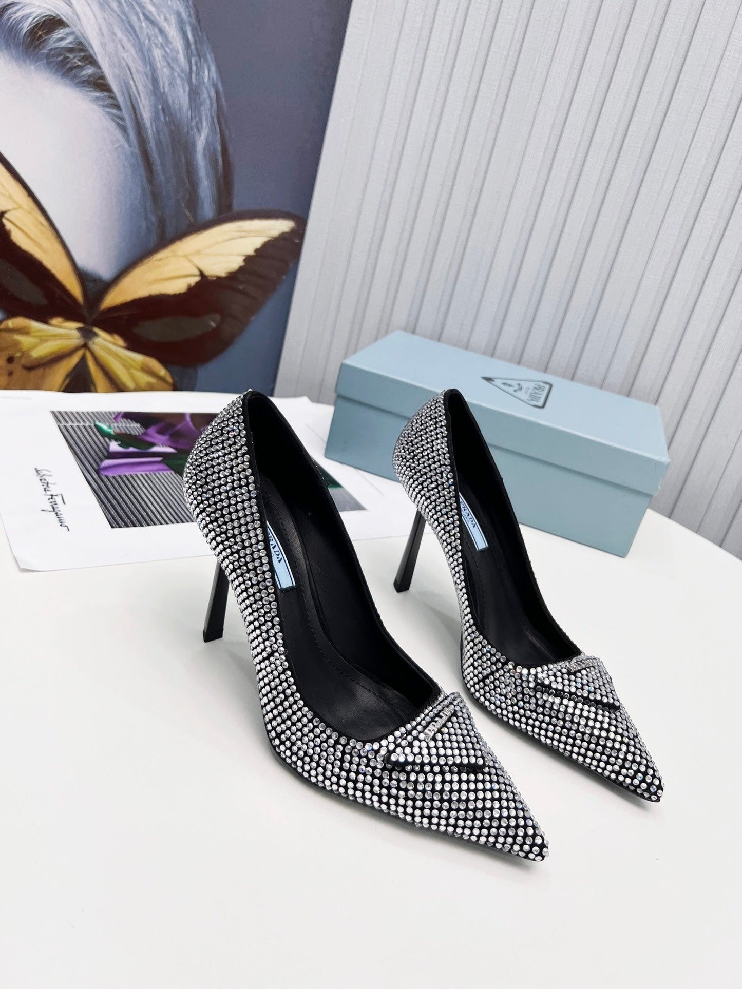 PRADA 26S POINTED TOE PUMPS STILETTO HEEL 95MM IN CRYSTAL EMBELLISHED STYLE 1