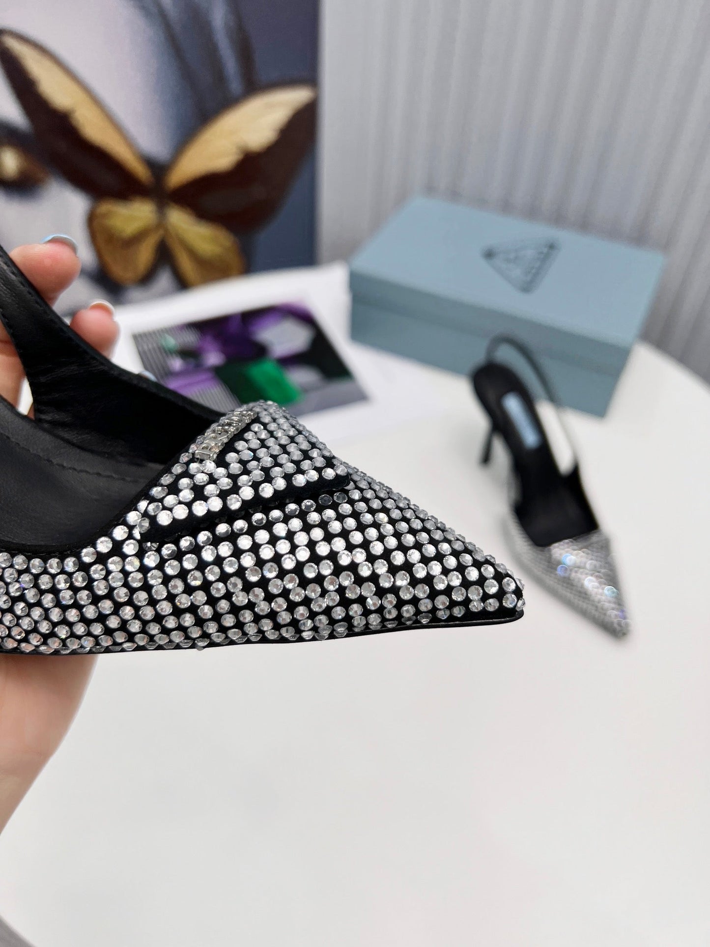 ЖІНОЧІ ТУФЛІ PRADA 26S НА ВИСОКИХ ПІДБОРАХ (СТИЛЕТ) 95 ММ, ПРИКРАШЕНІ КРИСТАЛАМИ, СТИЛЬ 1