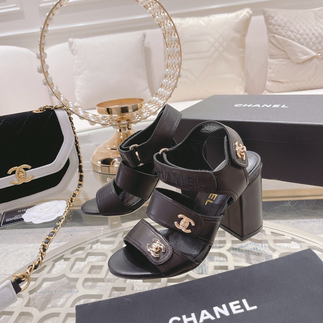 CC 3 STRAPS HIGH HEELS IN BLACK CALFSKIN - 34