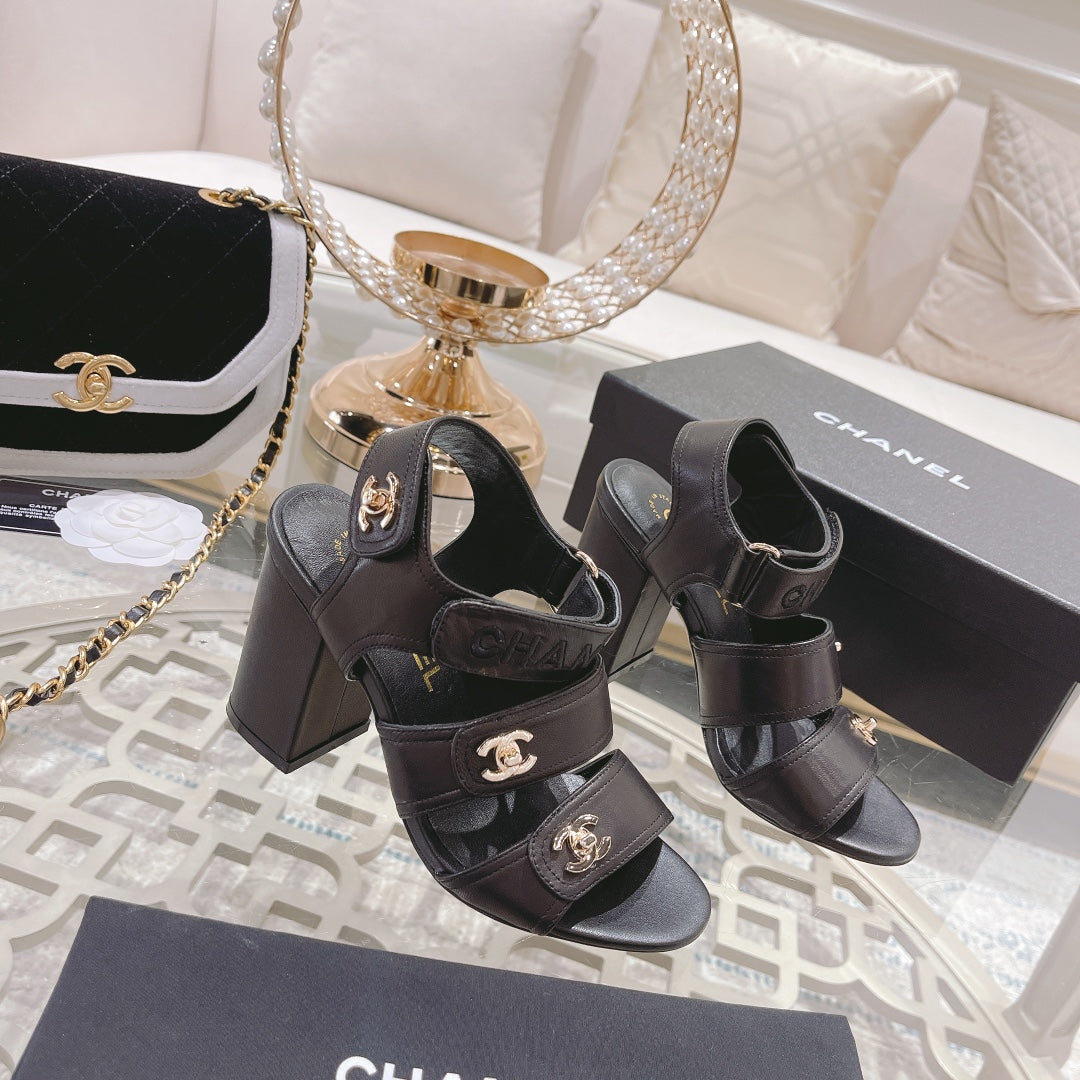 CC 3 STRAPS HIGH HEELS IN BLACK CALFSKIN - 34