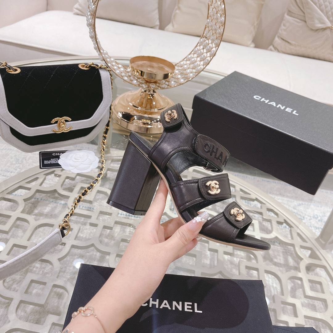 CC 3 STRAPS HIGH HEELS IN BLACK CALFSKIN - 34