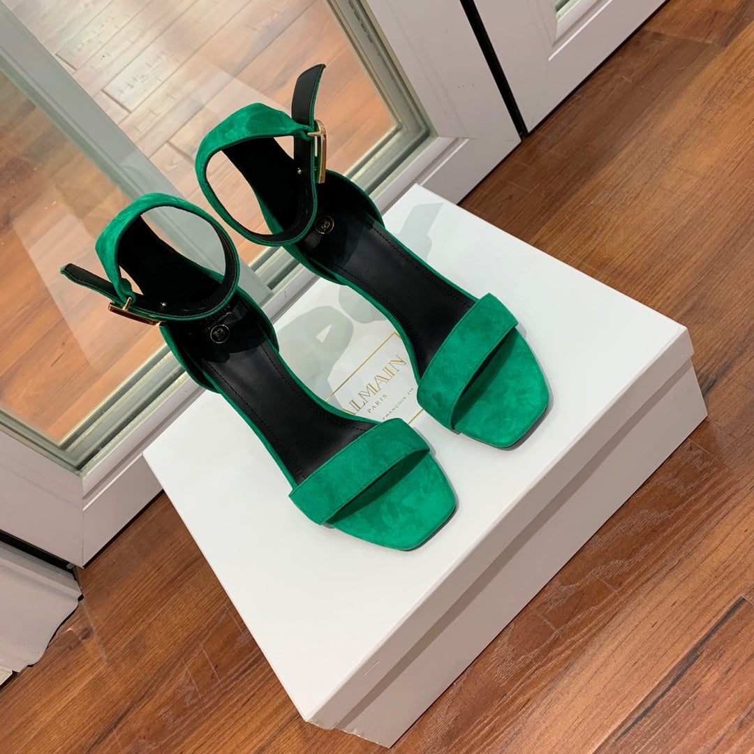 BALMAIN 25S THIN STRAP HIGH HEELS 105MM IN GREEN SUEDE GOLD HARDWARE - 36
