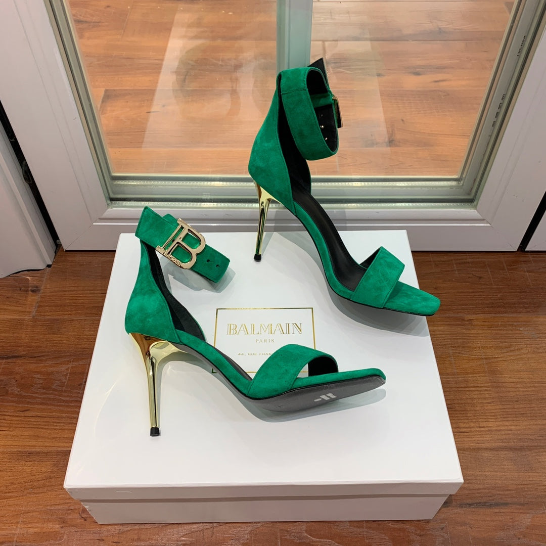 BALMAIN 25S THIN STRAP HIGH HEELS 105MM IN GREEN SUEDE GOLD HARDWARE - 36