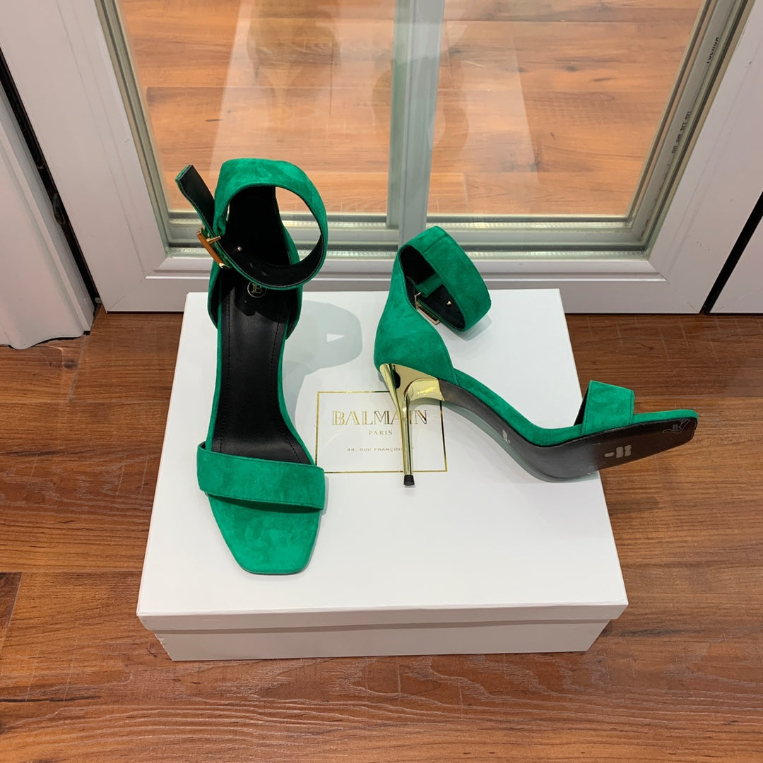 BALMAIN 25S THIN STRAP HIGH HEELS 105MM IN GREEN SUEDE GOLD HARDWARE - 36