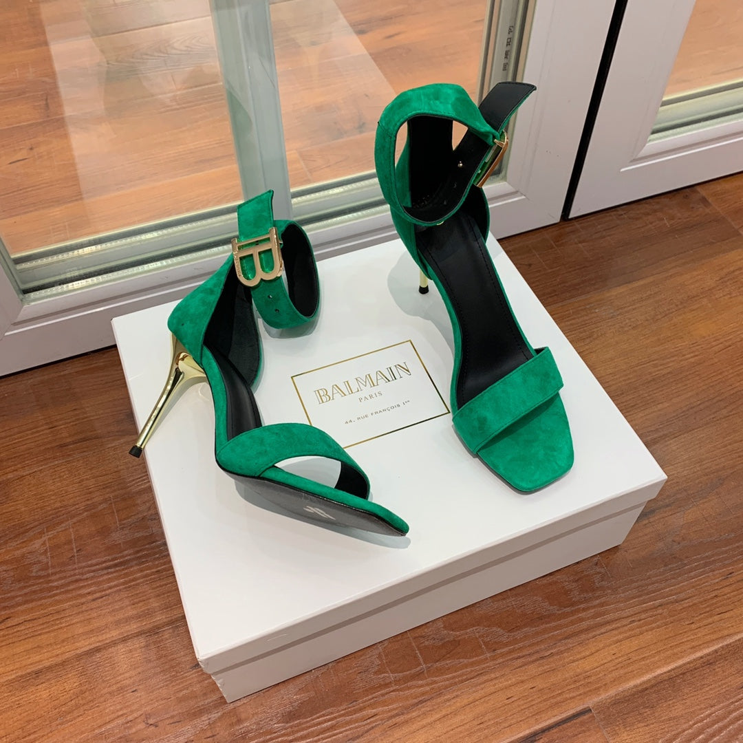 BALMAIN 25S THIN STRAP HIGH HEELS 105MM IN GREEN SUEDE GOLD HARDWARE - 36