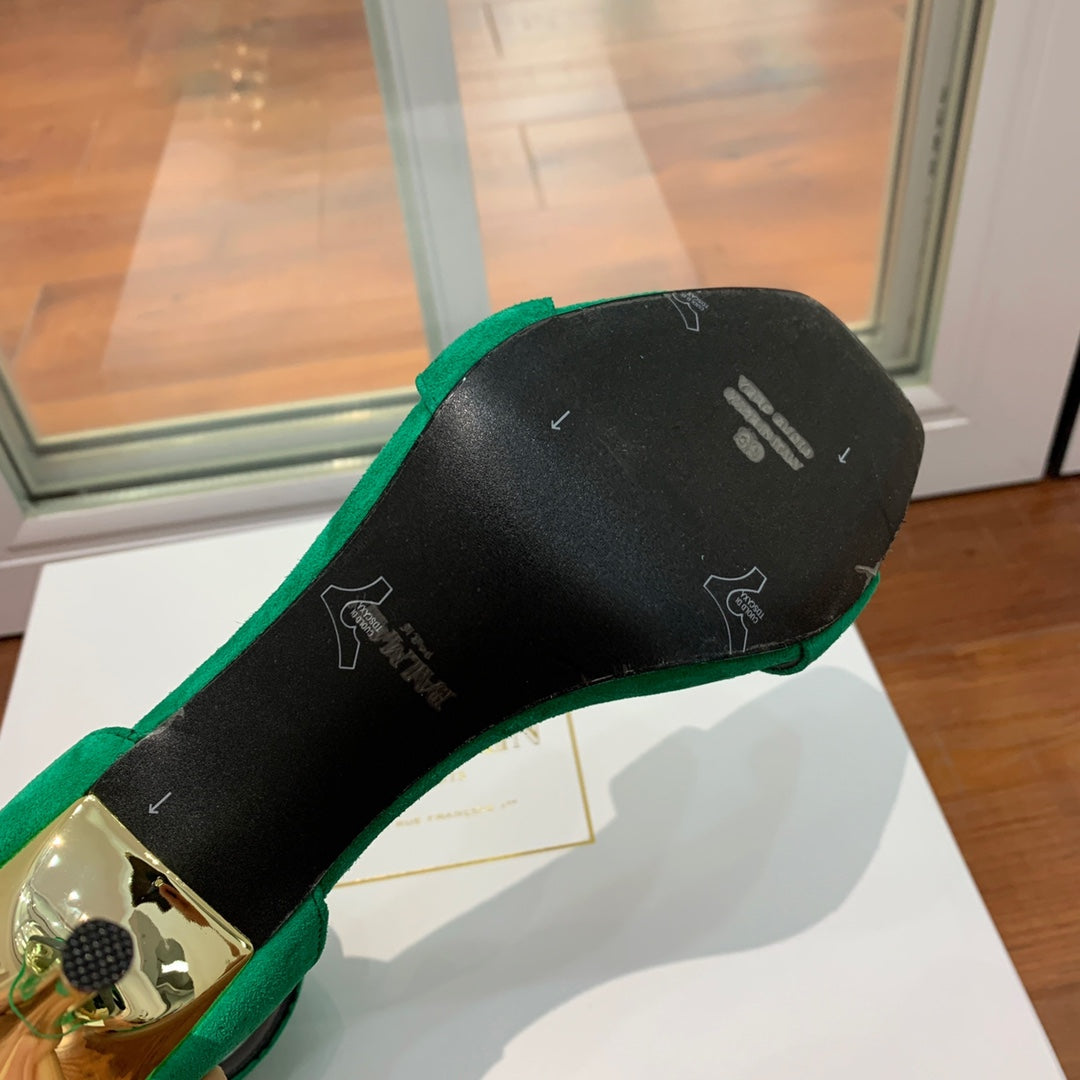 BALMAIN 25S THIN STRAP HIGH HEELS 105MM IN GREEN SUEDE GOLD HARDWARE - 36