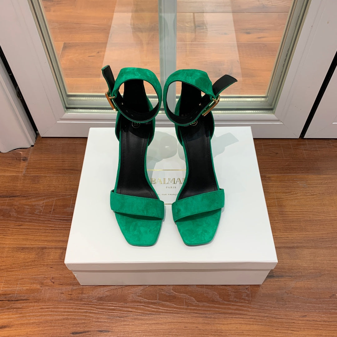 BALMAIN 25S THIN STRAP HIGH HEELS 105MM IN GREEN SUEDE GOLD HARDWARE - 36