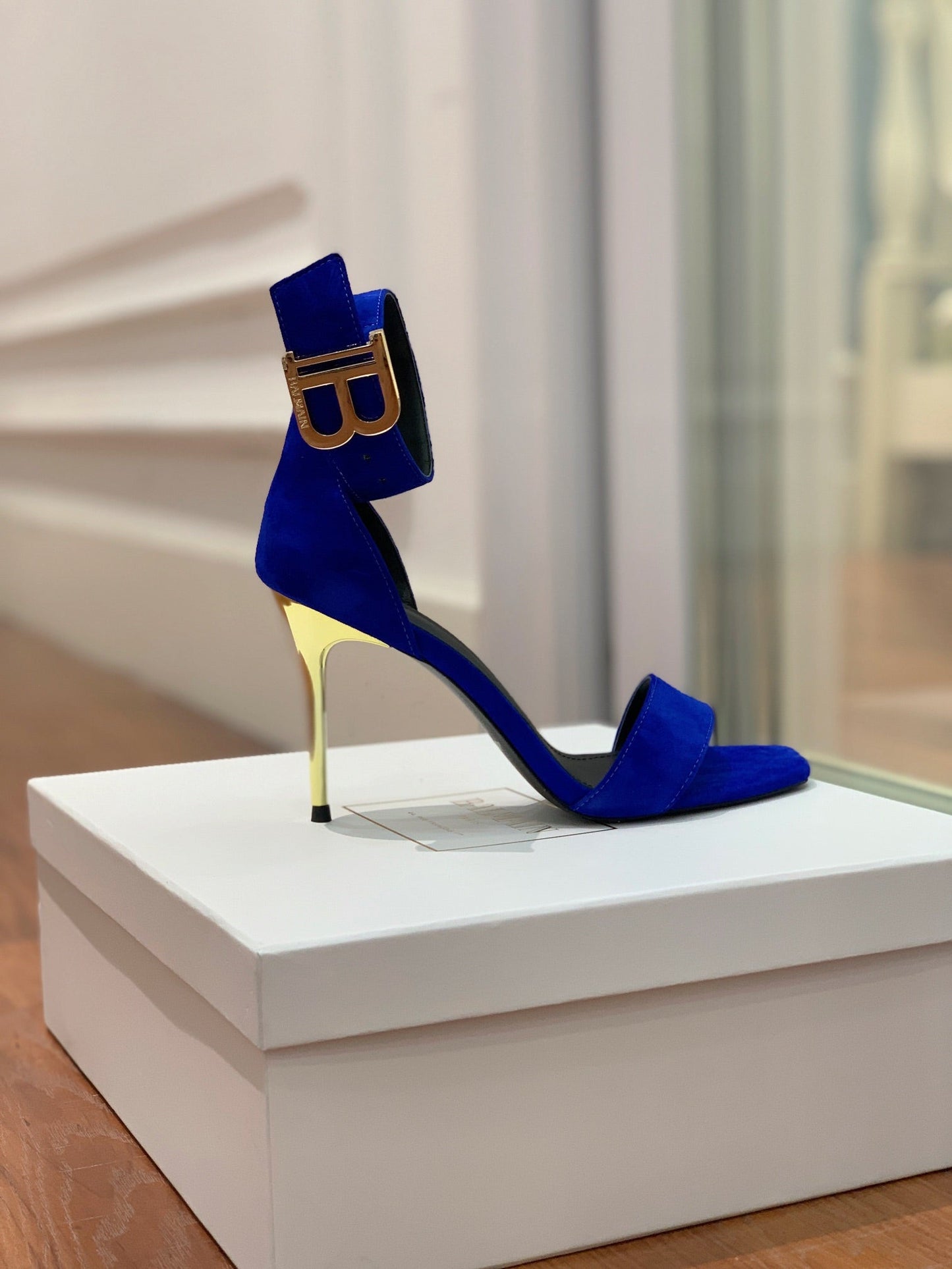 BALMAIN 25S THIN STRAP HIGH HEELS 105MM IN DARK BLUE SUEDE GOLD HARDWARE - 36
